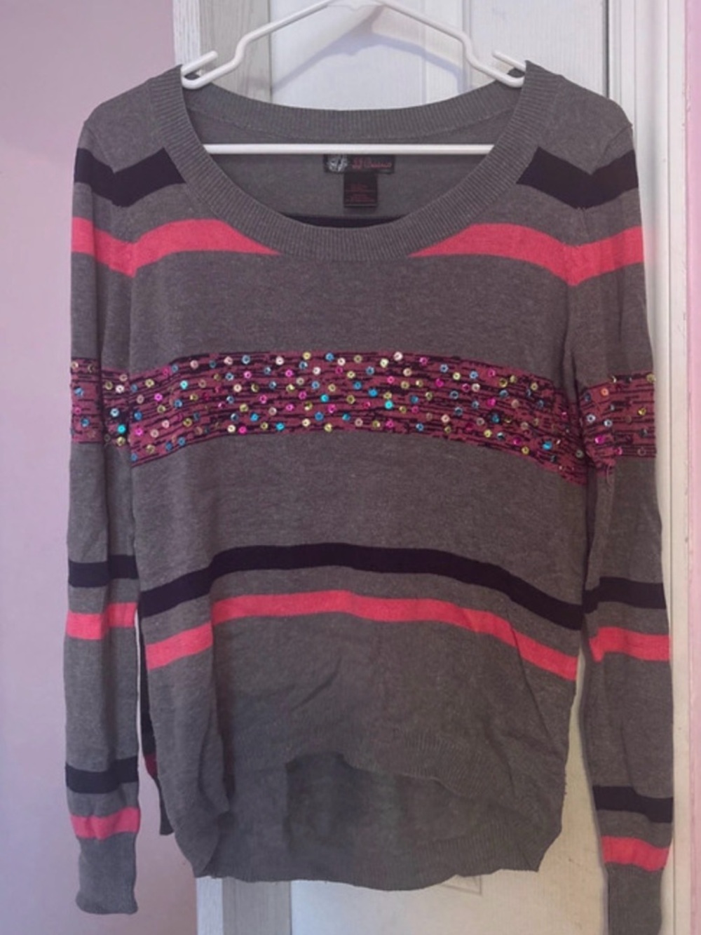 Gray Striped Sweater with Pink & Navy Sequin Band- Size Large